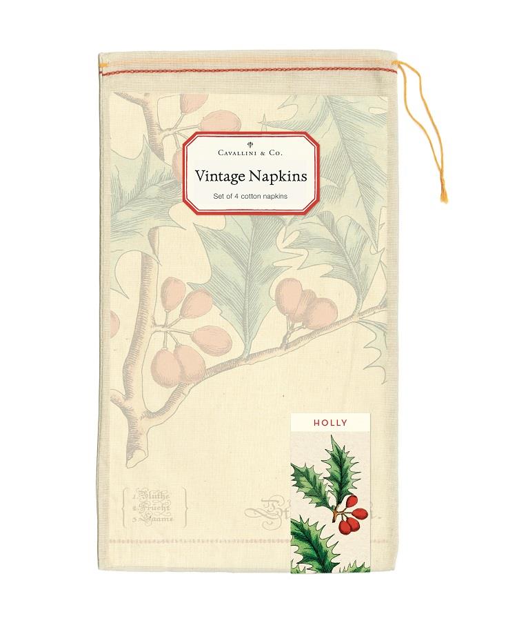 Cavallini - Set of 4 100% Cotton Vintage Napkins - 48x48cms - Christmas Holly
