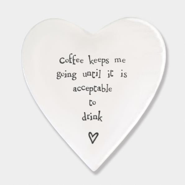 Porcelain Heart Coaster - Coffee Keeps Me Going - East Of India - 10x11x0.5cms