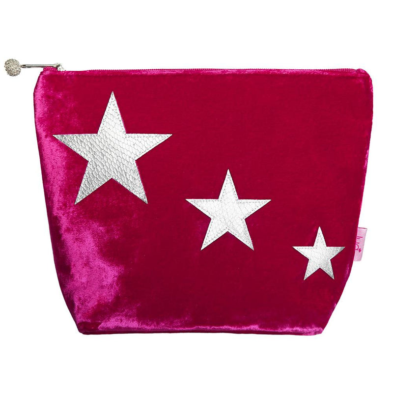 Lua - Large Velvet Cosmetic Make Up Bag/Purse With Appliqued Stars 19 x 23cms - Hot Pink