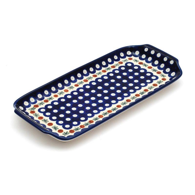Oblong Platter - Flower Tendril/Blue With Red & White Spots - 32x14.5cms - 0410-0070X - Polish Pottery