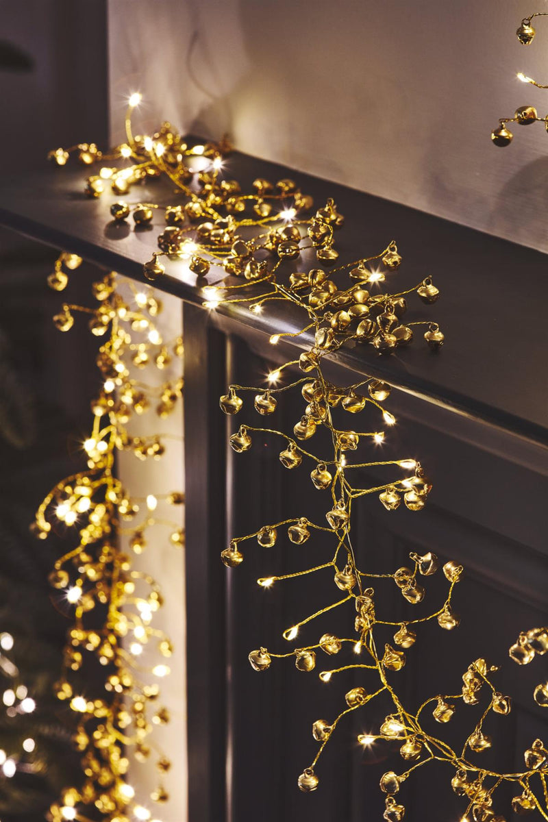 Golden Bells Garland - 72 LED Indoor Light Chain With Built In Timer - Battery Powered