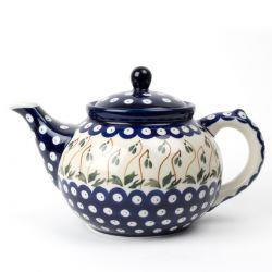 Large Teapot - Blue Dots With Green Mistletoe - 1.2 Litre - 0060-0377BX - Polish Pottery