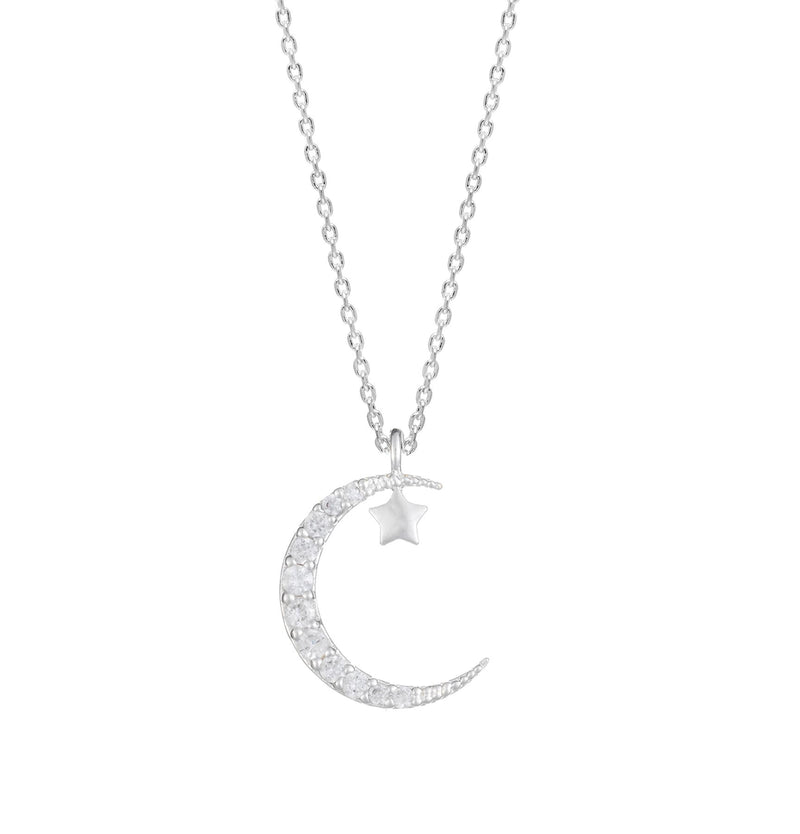 Moon & Star Cubic Zirconia Necklace - Silver Plated - Smile Love Dream - Estella Bartlett