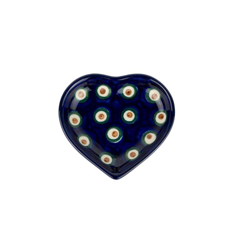 Mini Heart Dish - Green, Red & White Spots - Peacock - B64-0054X - Polish Pottery