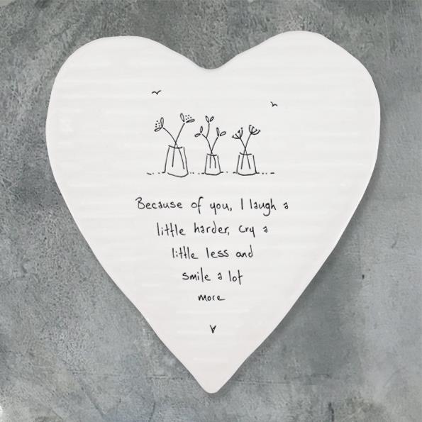 Porcelain Heart Coaster - Because Of You I Laugh A Little Harder- East of India 10x11x0.5cms