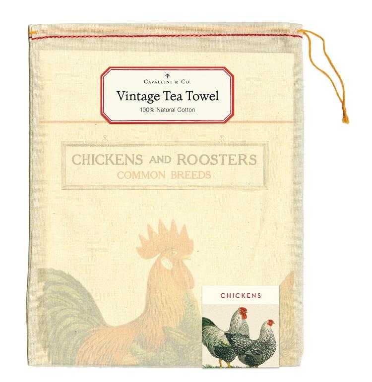 Cavallini - 100% Natural Cotton Vintage Tea Towel - 80 x 47cms - Chickens & Roosters