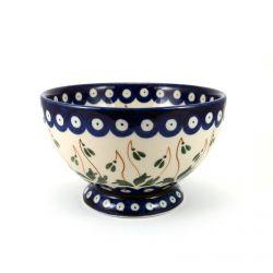 French Bowl - Blue Dots With Green Mistletoe - 0206-377BX - 14 x 8.5cms - Polish Pottery