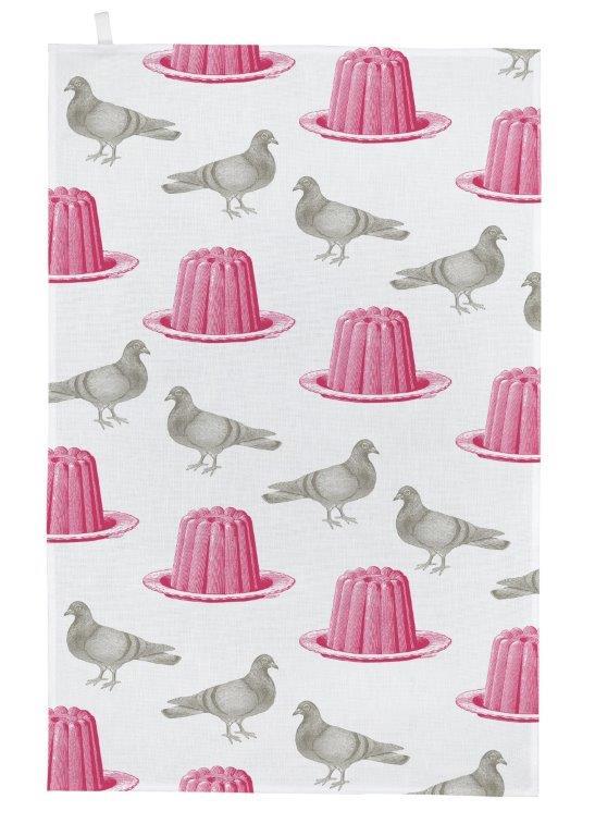 Thornback & Peel - 100% Cotton - Tea Towel - 47 x 77cms - Pigeons & Pink Jelly