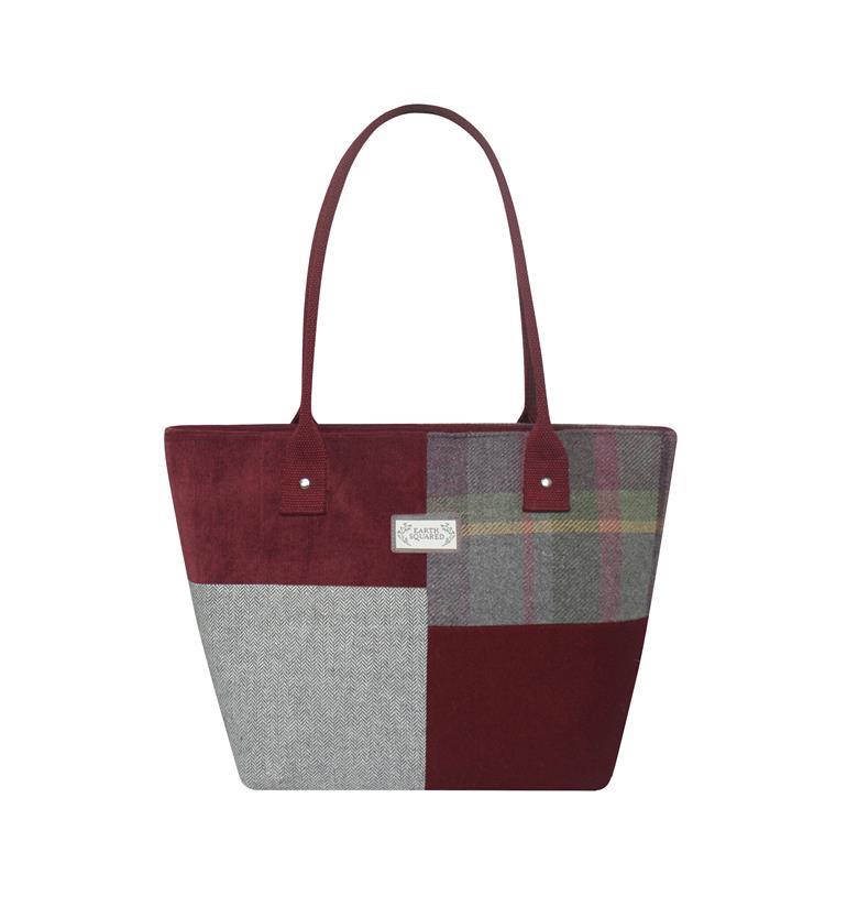 Earth Squared - Patchwork Tote Shoulder Bag - Gullane Tweed Wool - Burgandy/Plum & Grey - 38x25x14cm