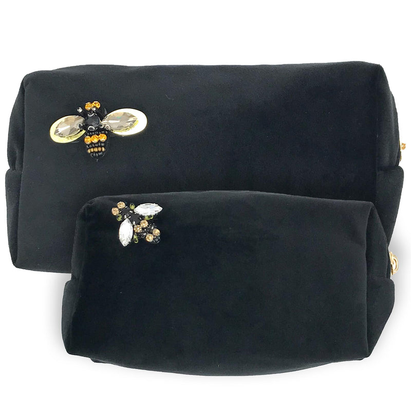Black Velvet Make-Up Bag & Bumblebee Pin - Sixton London - Small or Large