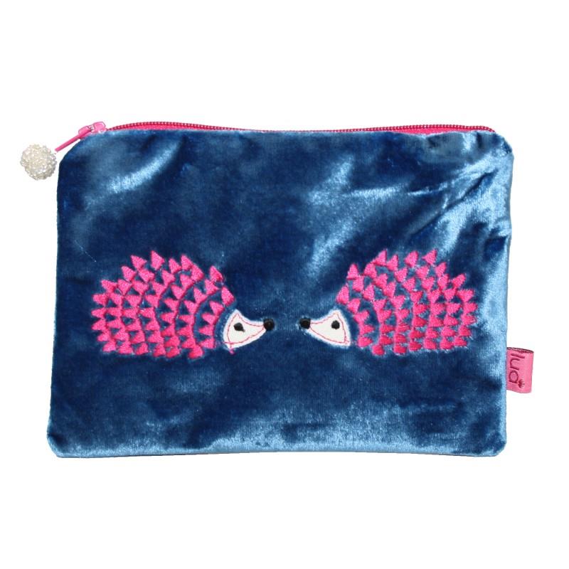 Lua - Velvet Coin Purse With Embroidered Hedgehogs 11 x 16cms - 3 Colour Options