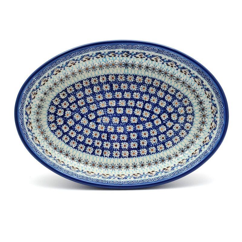 Oval Dish - Blue Squares & Flowers - 27x19.5x6cms - 0298-1026X - Polish Pottery