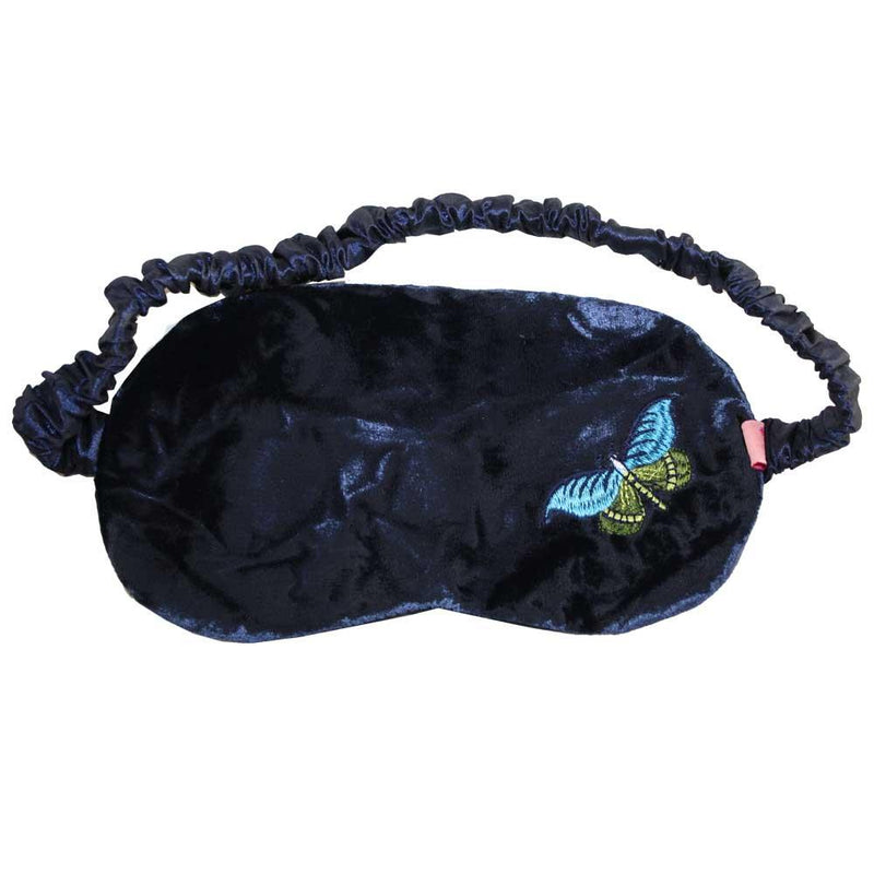 Lua - Velvet Eye/Sleep Mask With Embroidered Butterfly 9.5 x 19cms - Dark Navy Blue