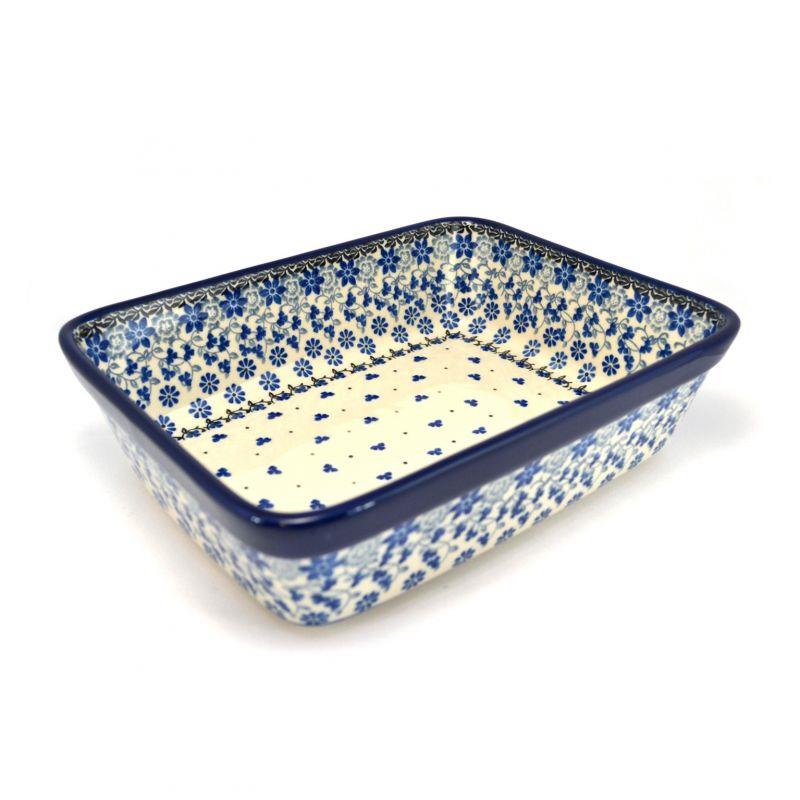 Lasagne Dish - Blue Rim & Flowers - 25 x 19.5 x 6.5cms - 0404-1829X - Polish Pottery