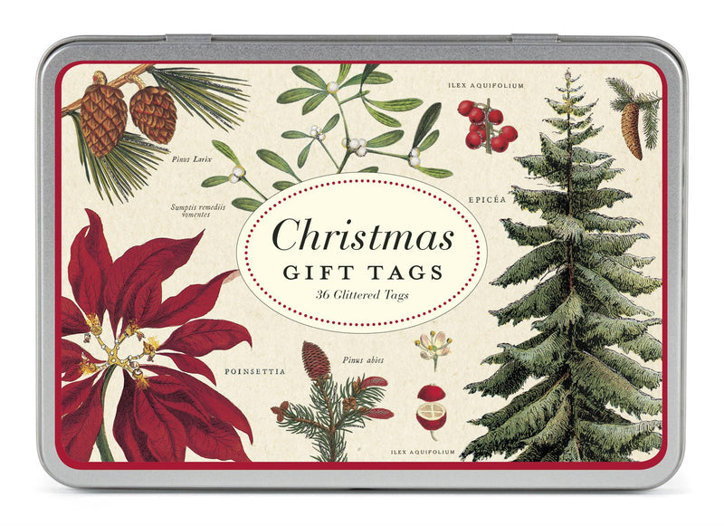Cavallini - Tin of 36 Glittered Christmas Gift Tags - Christmas Botanicals