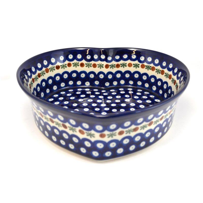 Heart Oven Dish - Flower Tendril/Blue With Red & White Spots - 25 x 23 x 8cms - 0970-0070X - Polish Pottery