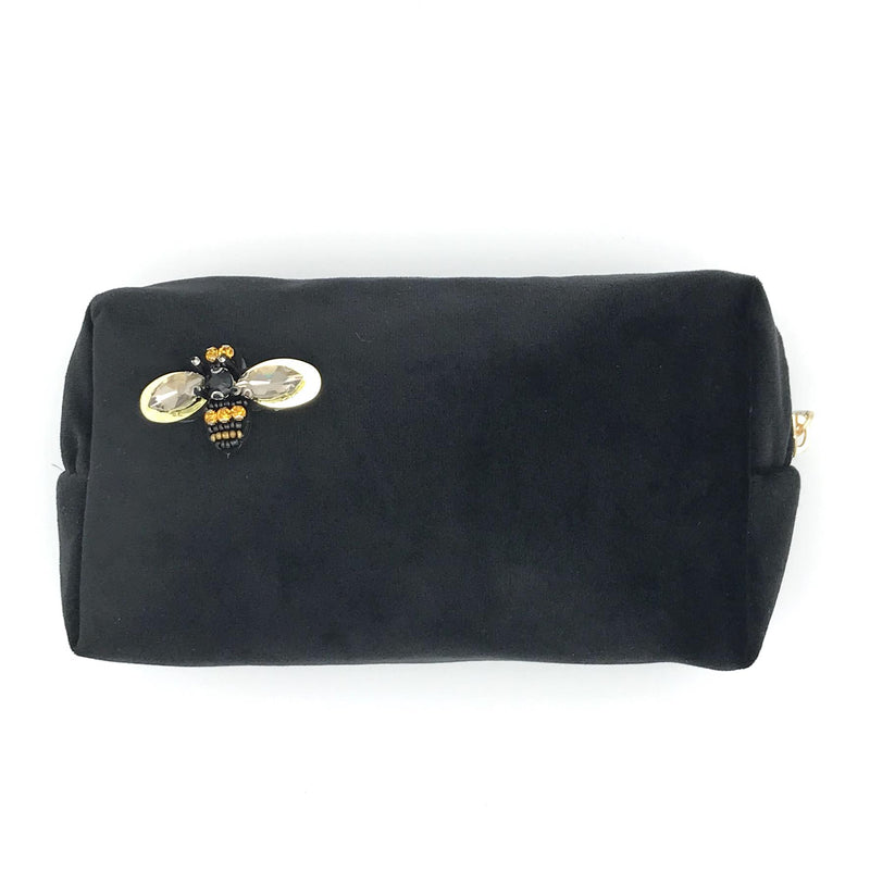 Black Velvet Make-Up Bag & Bumblebee Pin - Sixton London - Small or Large