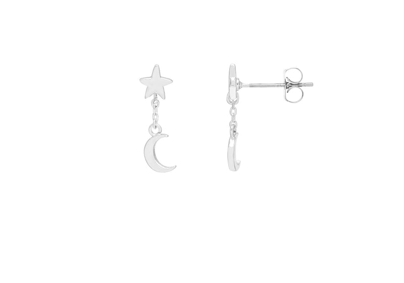 Mini Star & Moon Chain Drop Earrings - Silver Plated - Estella Bartlett