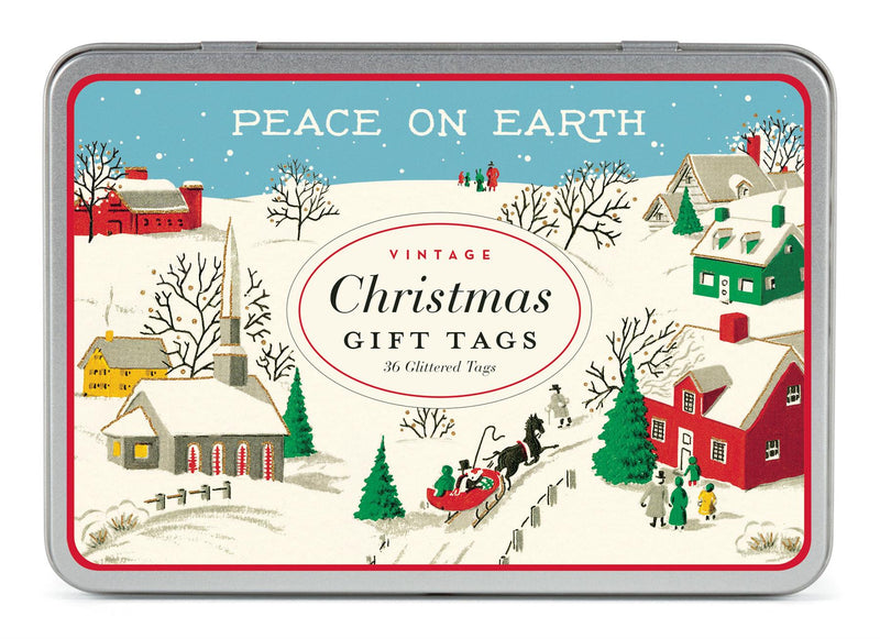 Cavallini - Tin of 36 Glittered Christmas Gift Tags - Peace On Earth