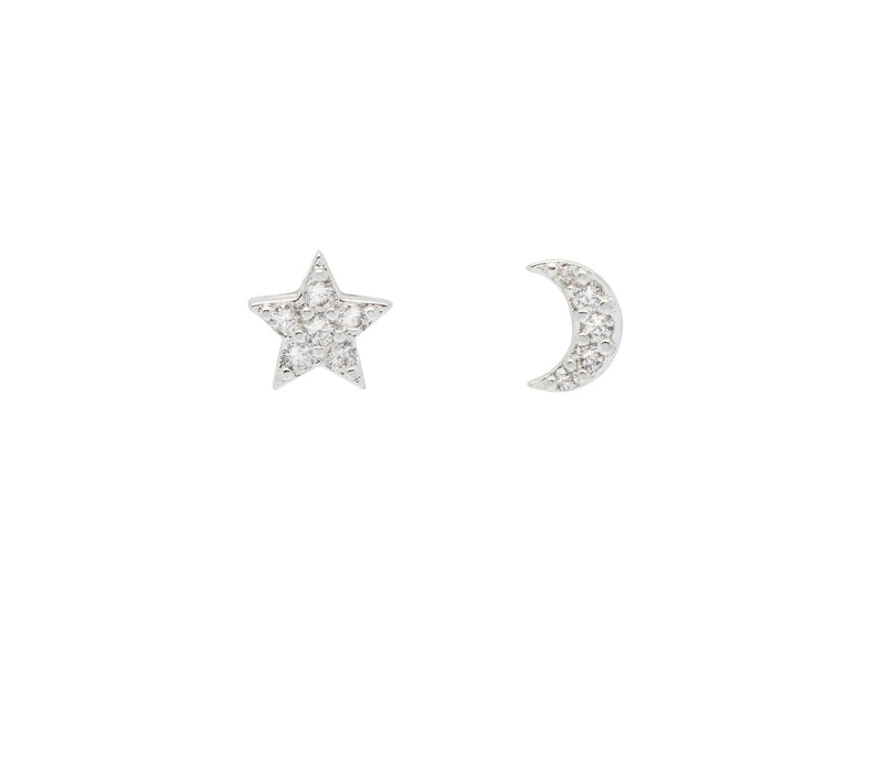 Moon & Star Cubic Zirconia Stud Earrings - Silver Plated - Estella Bartlett
