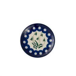 Round Tea Bag/Trinket Dish - Blue Dots With Green Snowdrops - 10cms - 0262-0377SX - Polish Pottery