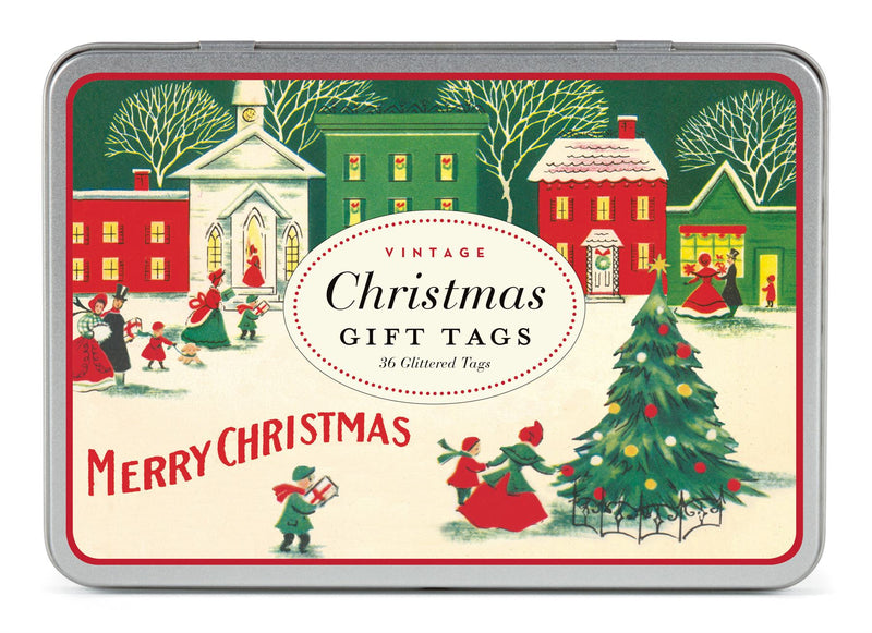 Cavallini - Tin of 36 Glittered Gift Tags - Vintage Christmas Village