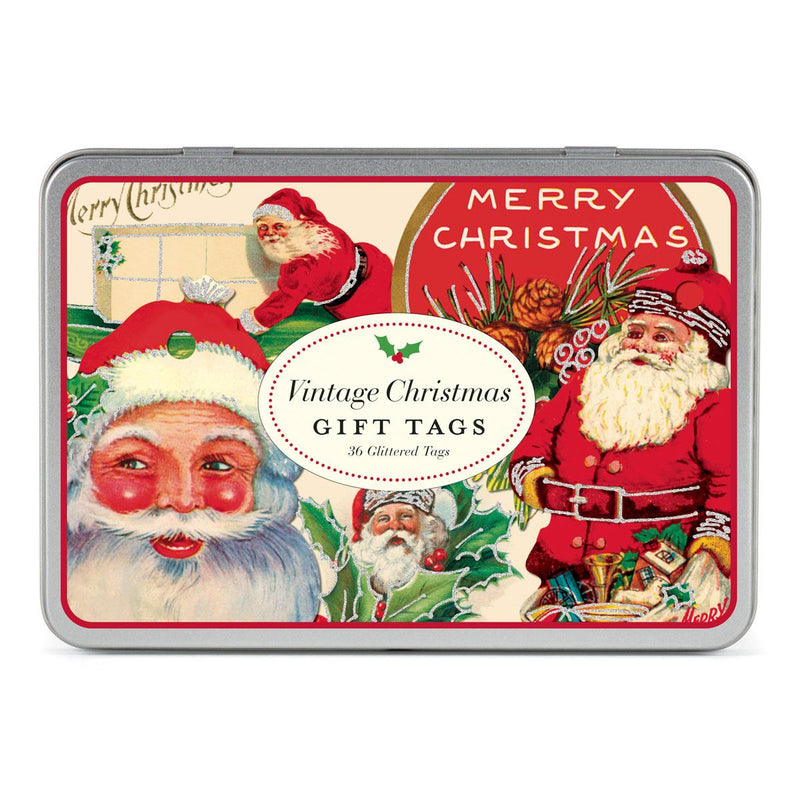 Cavallini - Tin of 36 Glittered Gift Tags - Vintage Christmas - Santa (HOLVIN)