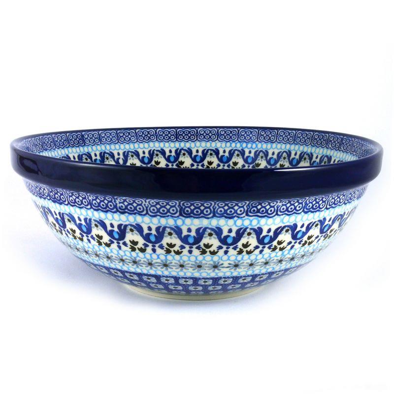 Large Salad/Fruit Bowl - Blue Squares & Flowers - 0055-1026X - 28 x 11cms - Polish Pottery