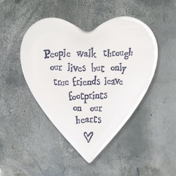 Porcelain Heart Coaster - People Walk Through Our Lives - East Of India - 10x11x0.5cms