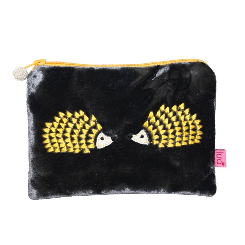 Lua - Velvet Coin Purse With Embroidered Hedgehogs 11 x 16cms - 3 Colour Options