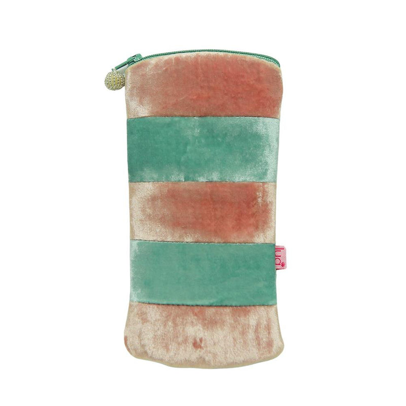 Lua - Velvet Striped Patchwork Spectacle/Glasses Case 9.5 x 19cms - Peach/Mint Green