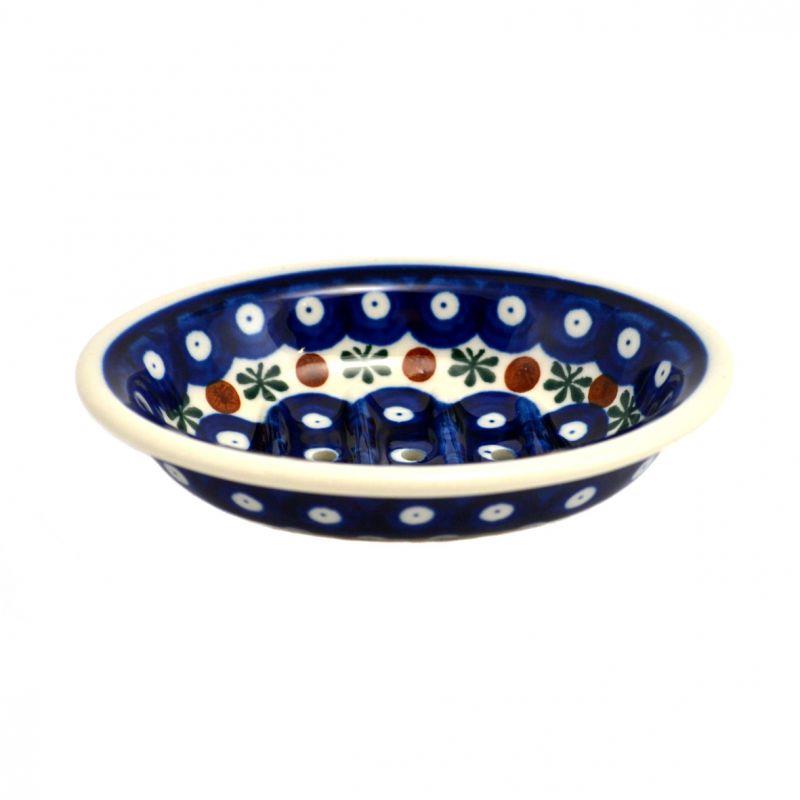 Soap Dish With Holes - Flower Tendril/Blue With Red & White Spots - 0879-0070X - Polish Pottery