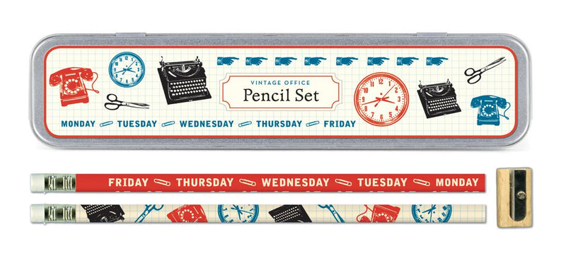 Cavallini - Tin of Pencils - Vintage Office - 10 Pencils/2 Designs, & Sharpener