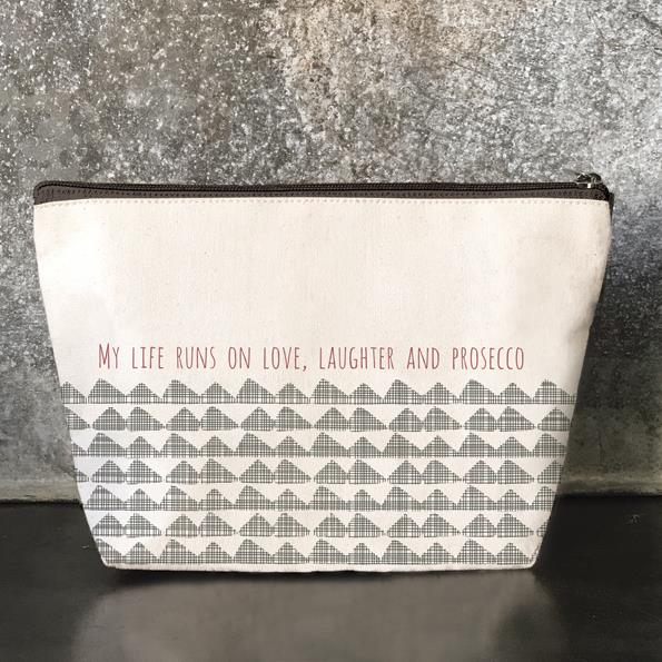 Cosmetic Make Up Bag - My Life Runs On Love, Laughter And Prosecco - East of India 25 x 15.5 x 7cms