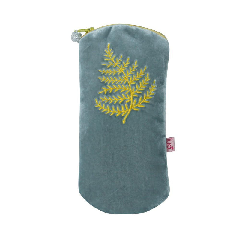 Lua - Velvet Spectacle/Glasses Case With Embroidered Fern  9.5 x 19cms - Light Grey