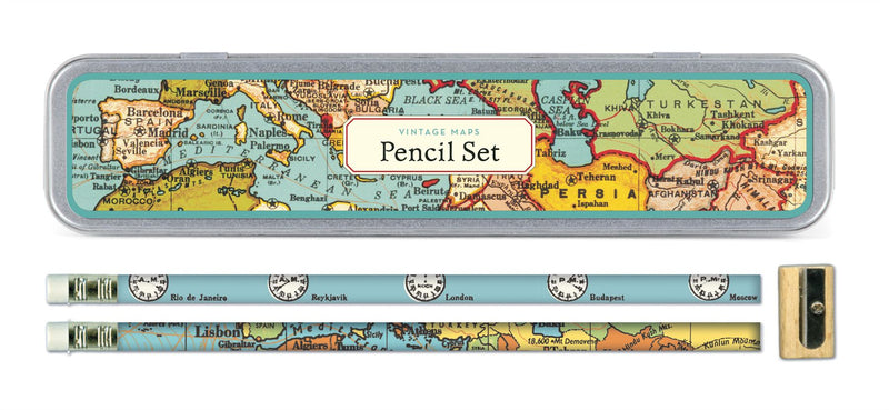 Cavallini - Tin of Pencils - Vintage Maps - 10 Pencils/2 Designs, & Sharpener