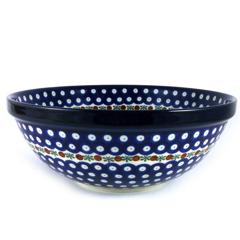 Salad/Fruit Bowl - Flower Tendril/Blue With Red & White Spots - 0055-0070X - 28 x 11cms - Polish Pottery