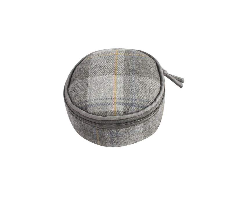 Earth Squared - Round Jewellery Pouch - Tweed Wool - Fidra - Grey & Mustard - 10x10x5cms