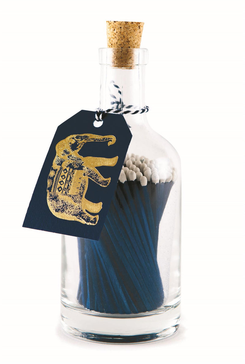 Blue/Gold Elephant (GB50) - Glass Bottle - 125 Luxury Safety Matches - Archivist