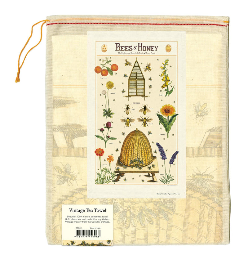 Cavallini - 100% Natural Cotton Vintage Tea Towel - 80 x 47cms - Bees & Honey