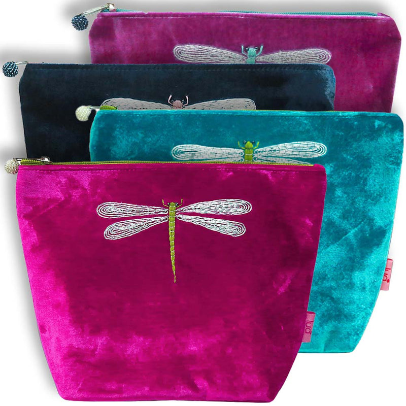 Lua - Large Velvet Cosmetic Bag/Purse With Embroidered Dragonfly 19 x 23cms - 4 Colour Options