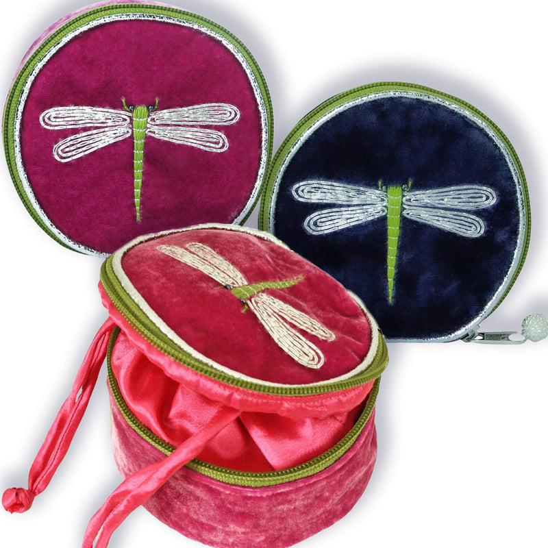 Lua - Round Velvet Jewellery Pouch - Dragonfly - 11x11x5.5cms -3 Colour Options