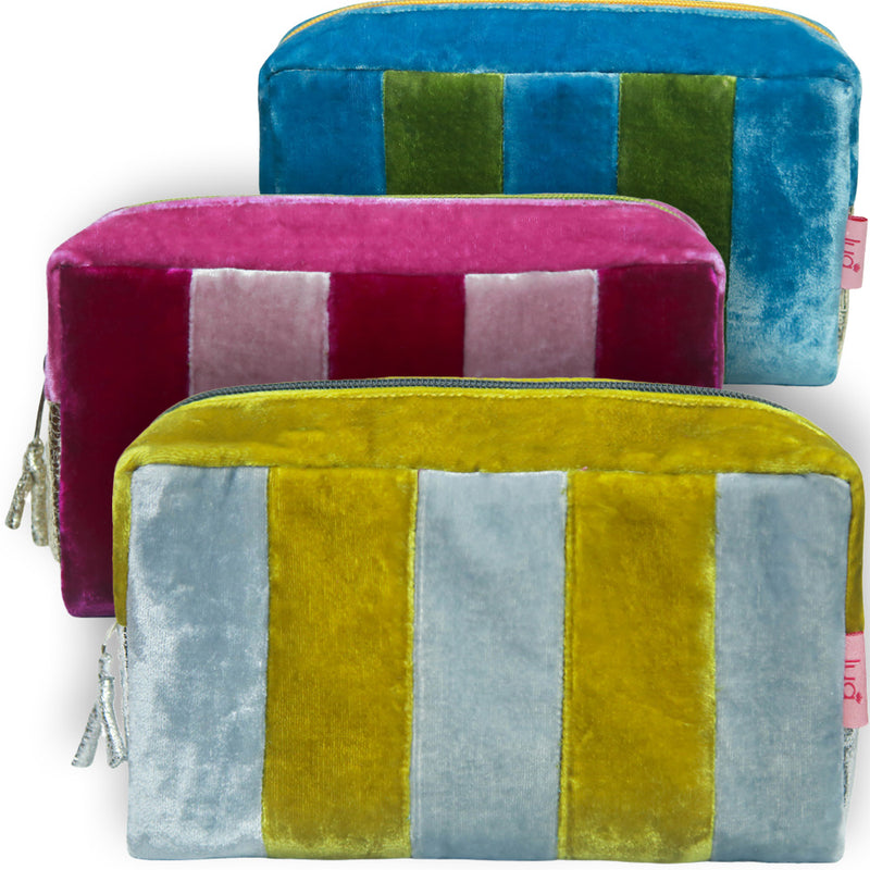 Lua - Velvet Striped Patch Cosmetic Make Up Bag 19.5 x 11cms - 3 Colour Options