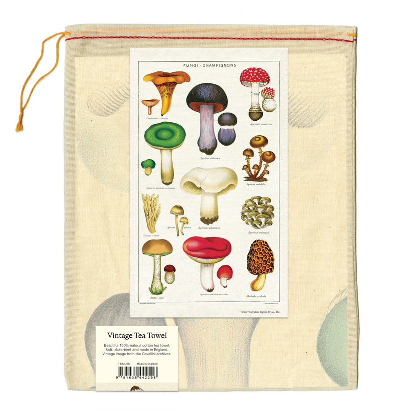 Cavallini - 100% Natural Cotton Vintage Tea Towel - 80 x 47cms - Mushrooms/Champignons/Fungi