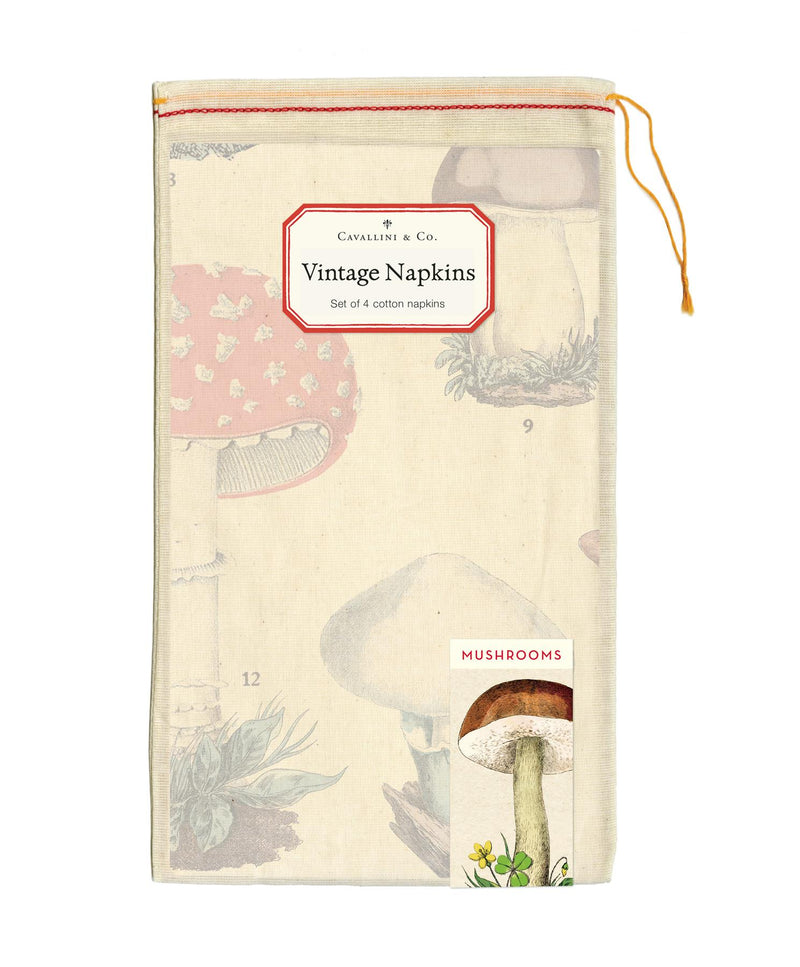 Cavallini - Set of 4 100% Cotton Vintage Napkins - 48x48cms - Mushrooms/Champignons