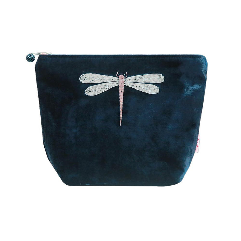 Lua - Large Velvet Cosmetic Bag/Purse With Embroidered Dragonfly 19 x 23cms - 4 Colour Options