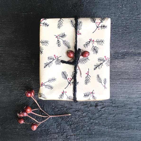 Gift Wrap - 5m Kraft Roll Recycled Wrapping Paper - Cream - Berry Branches - East Of India