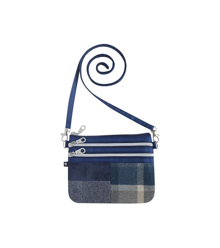 Earth Squared - 3 Zip Pouch Crossbody Bag - Patchwork Tweed Wool - Bass - Navy Blue - 18.5x16cms