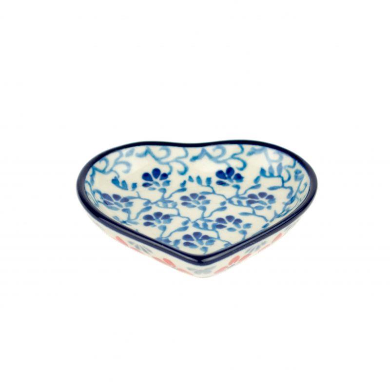 Mini Heart Dish - Blue & Red Flowers - B64-1960X - Polish Pottery