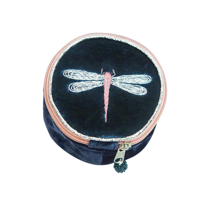 Lua - Round Velvet Jewellery Pouch - Dragonfly - 11x11x5.5cms -3 Colour Options